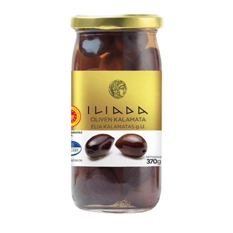 Oliven Kalamata schwarz Jumbo (215g) Iliada von Iliada bei Araxxon  - Hochwertiges griechisches Produkt.   Oliven Kalamata schwarz Jumbo (215g) Iliada από Iliada στο Araxxon  - Αυθεντικό ελληνικό προϊόν.